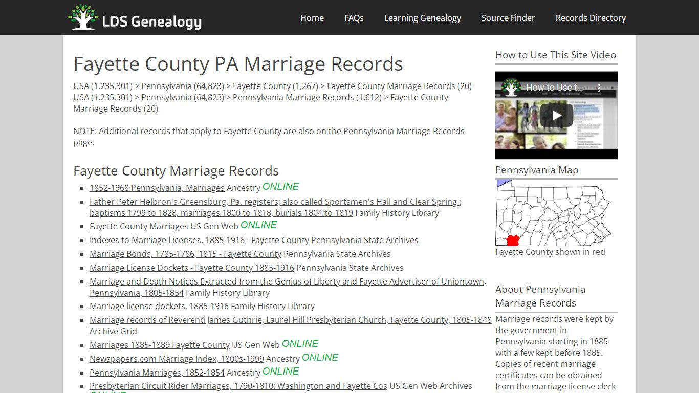 Fayette County PA Marriage Records - LDS Genealogy